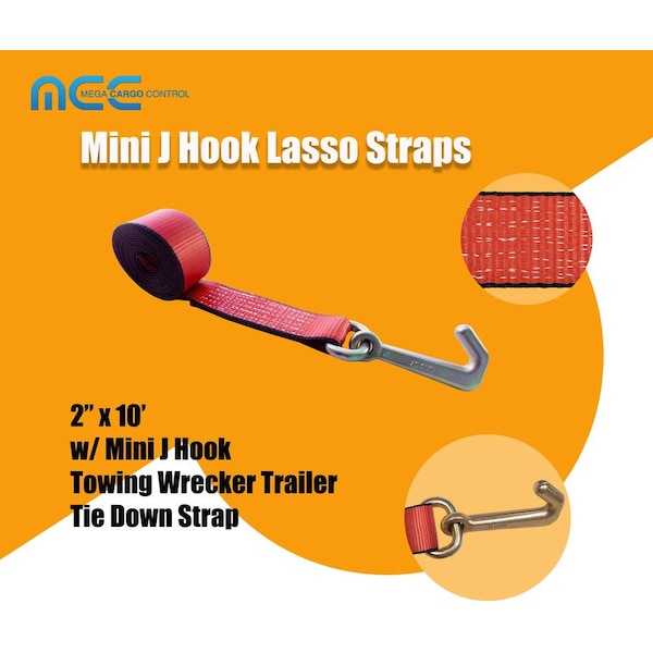 2 X 10' Lasso Strap W/ Mini J Hook For Towing Wrecker Trailer Tie Down, 12PK